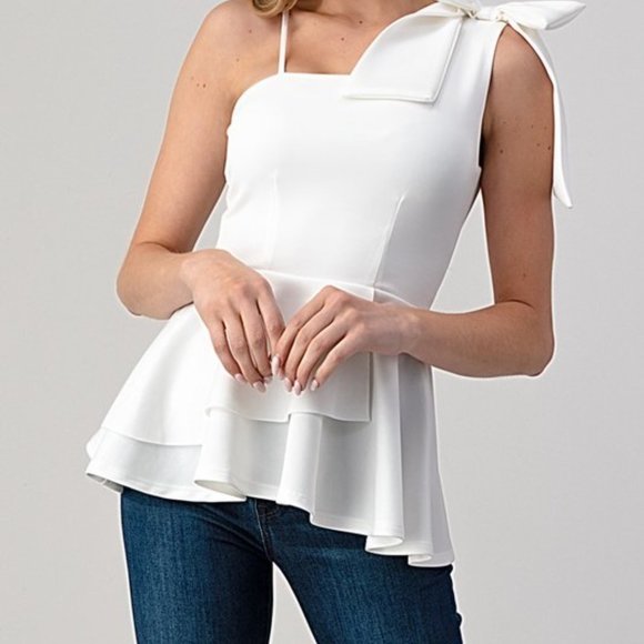 White one shoulder bow blouse-Large NWOT - Picture 5 of 6